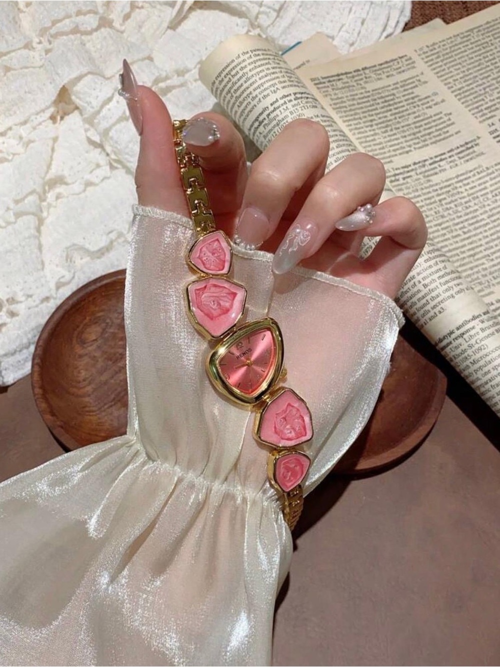 Gold Bracelet Watch with Pink Heart Accents - Picture 4 of 5